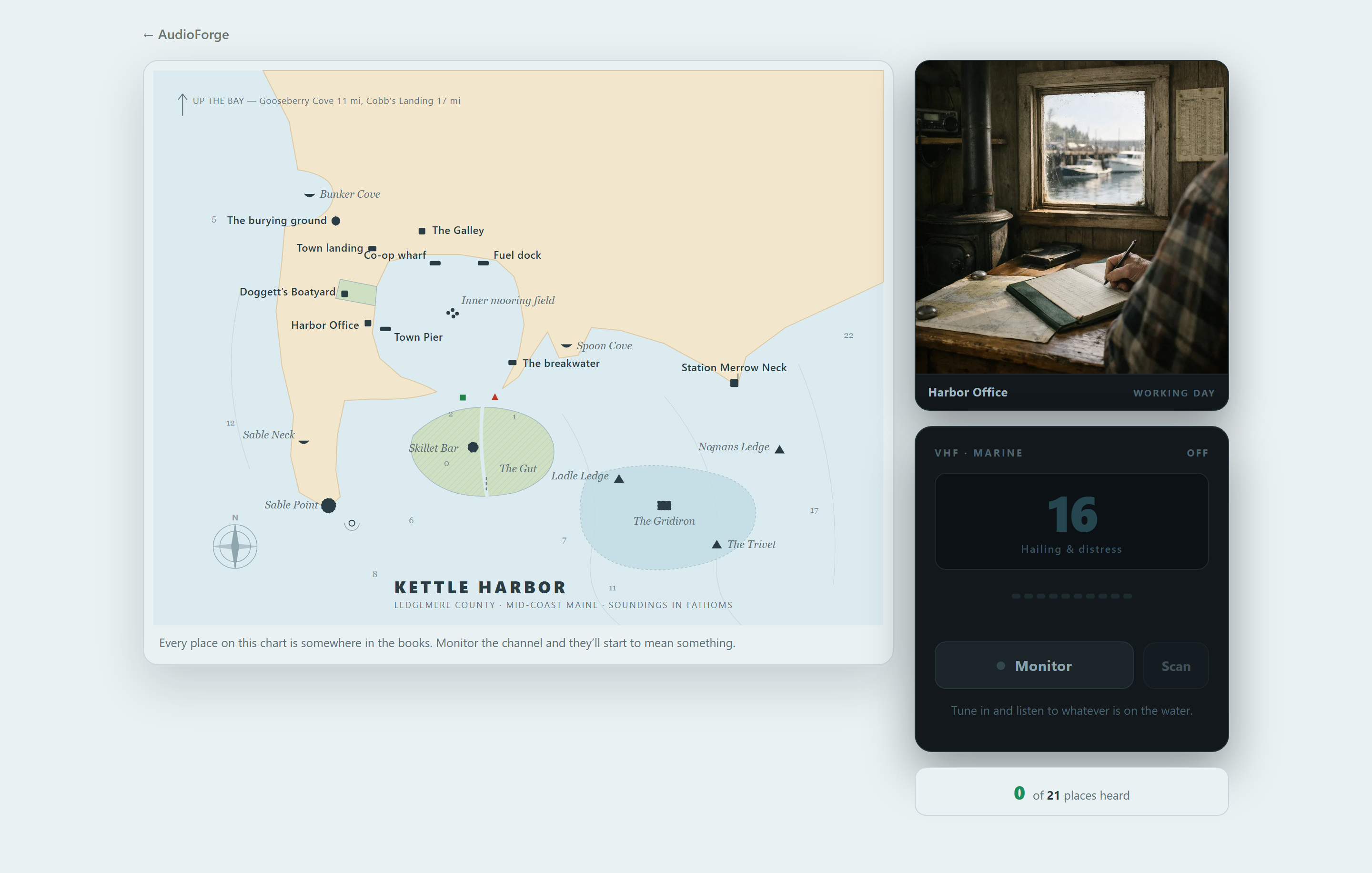 Channel 16 in AudioForge Studio: the Kettle Harbor chart beside the Harbor Office window and the radio